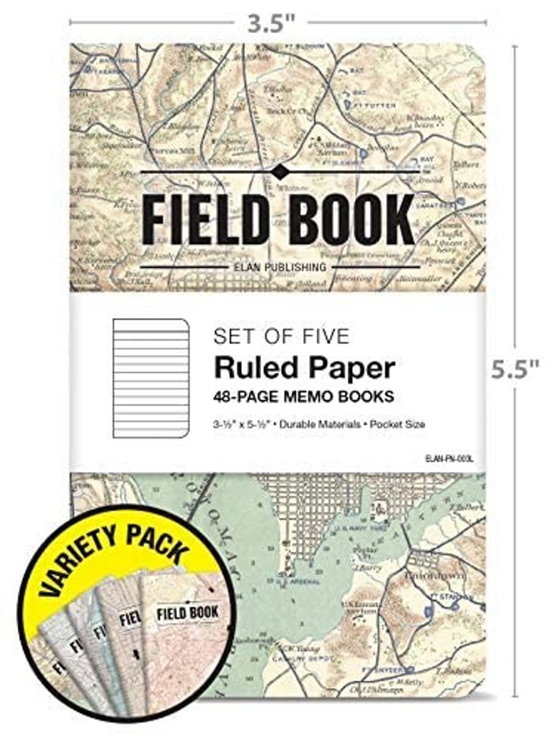 Set of five ruled paper memo notebooks, 3.5 in and 5.5 in sizes, variety pack