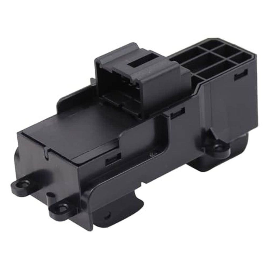 Power window switch with electrical connector and latch details, black plastic housing