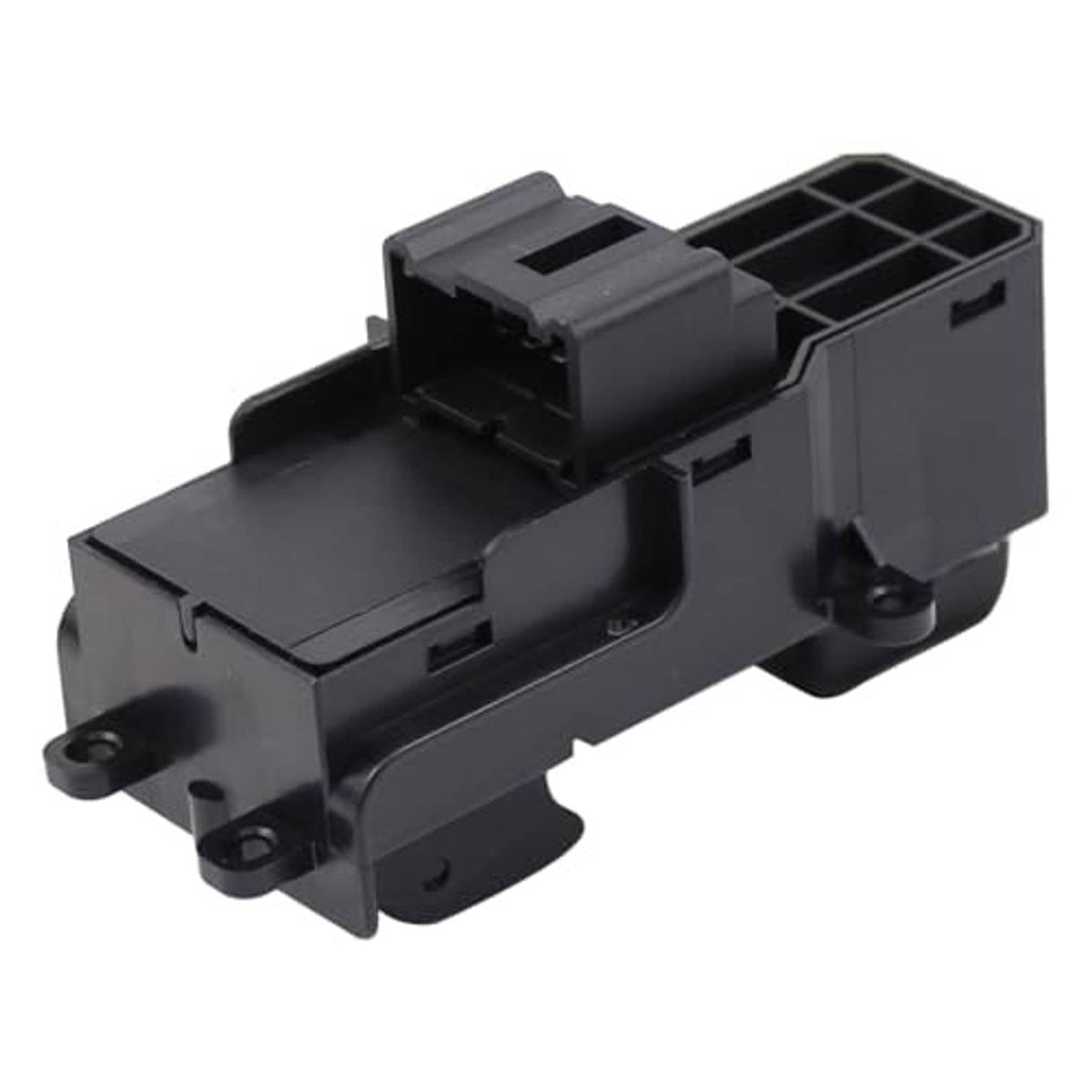 Power window switch with electrical connector and latch details, black plastic housing