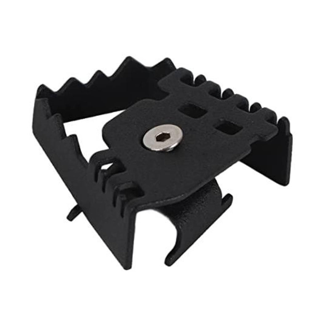 Rear brake extension pedal bracket in matte black with central bolt hole and serrated edges