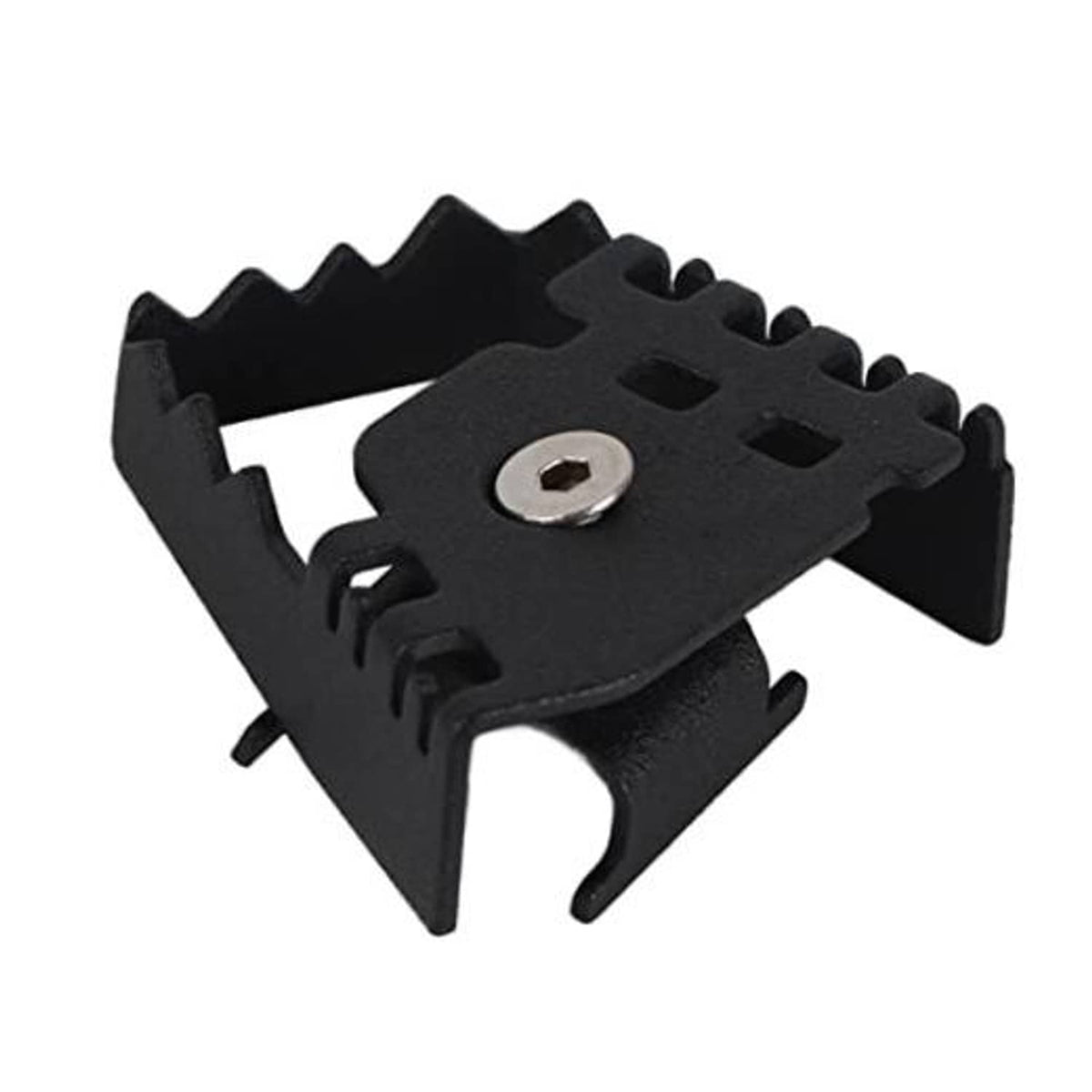 Rear brake extension pedal bracket in matte black with central bolt hole and serrated edges