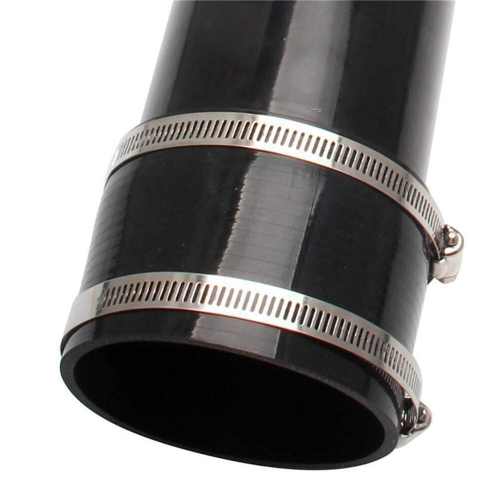 Close-up of black intake pipe with silver clamp band around the joint