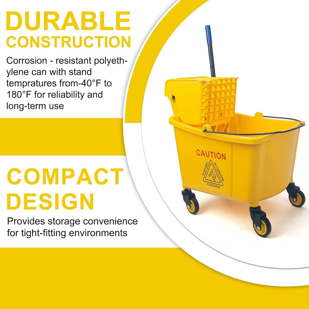 Yellow compact mop bucket with side-press wringer and four caster wheels