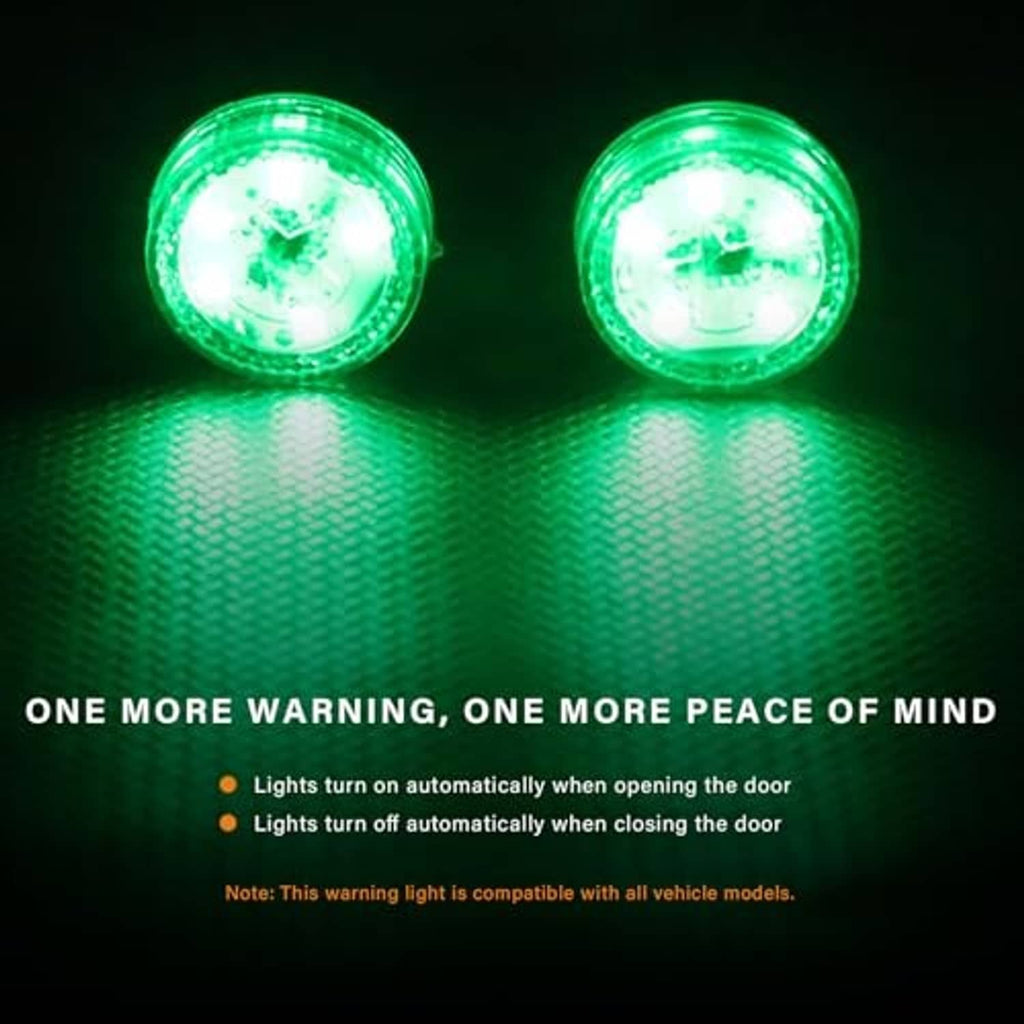 Pair of green illuminated LED warning lights with clear circular lenses