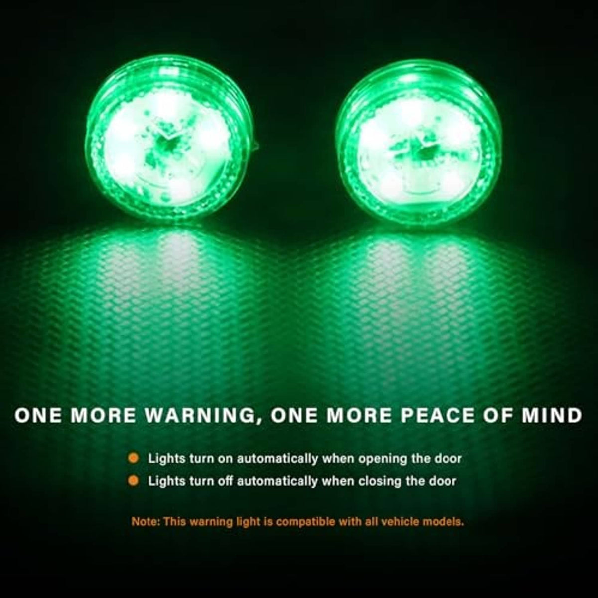 Pair of green illuminated LED warning lights with clear circular lenses
