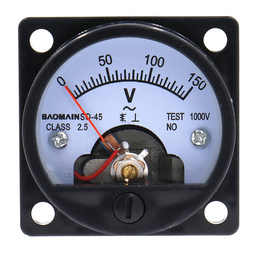 Front view analog voltmeter dial labeled V, TEST 1000V, scale to 150
