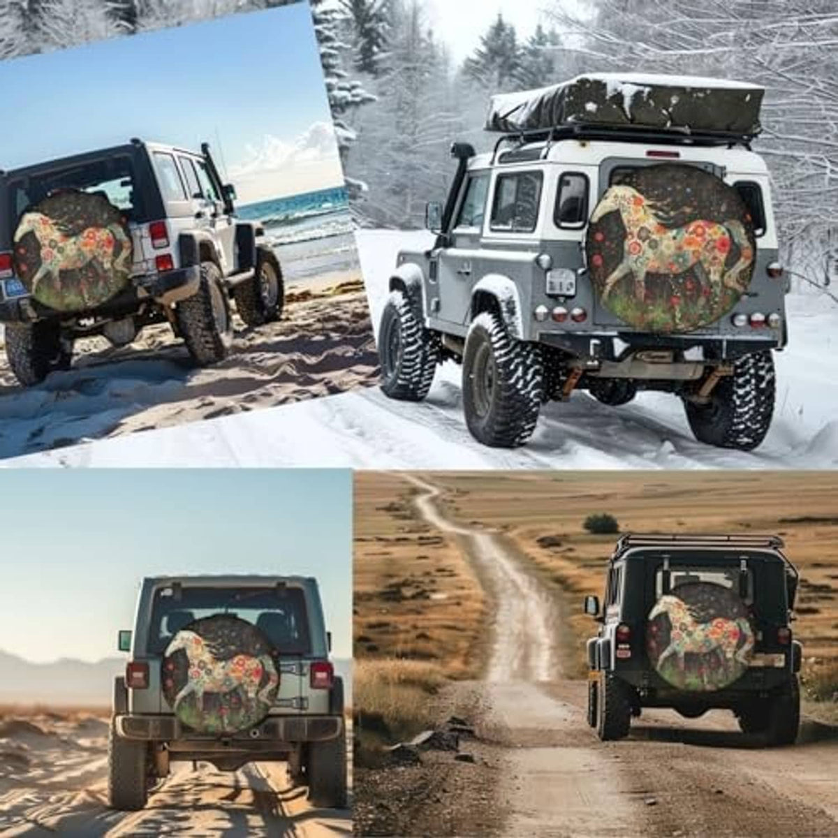 Spare tire cover with floral horse artwork pictured on off-road vehicles