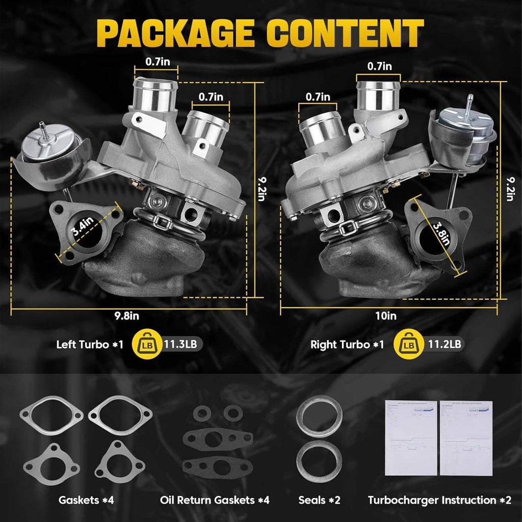 Turbocharger package contents: left and right units, gaskets, seals, and instruction sheets.