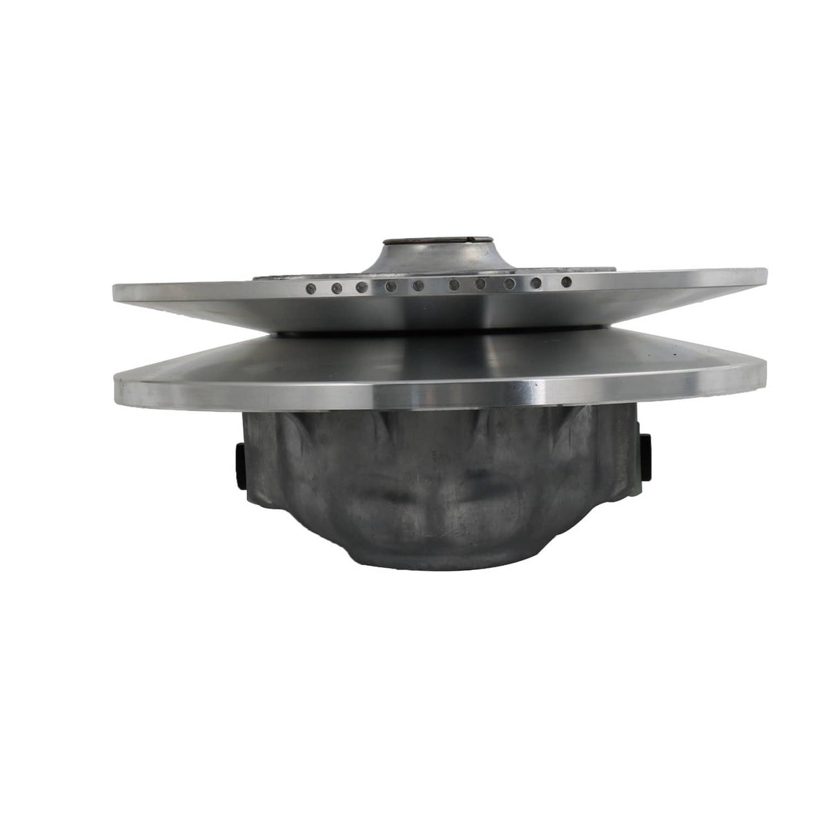 Secondary driven clutch assembly, stacked silver discs with central dark housing