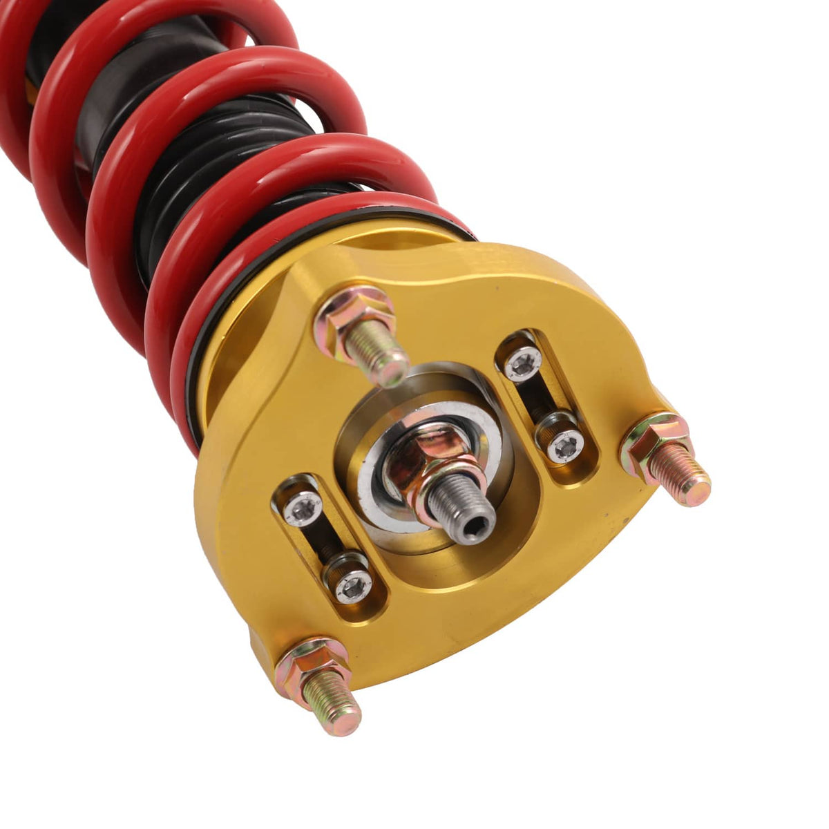 Coilover top mount with red spring, gold housing, and metal adjustment hardware