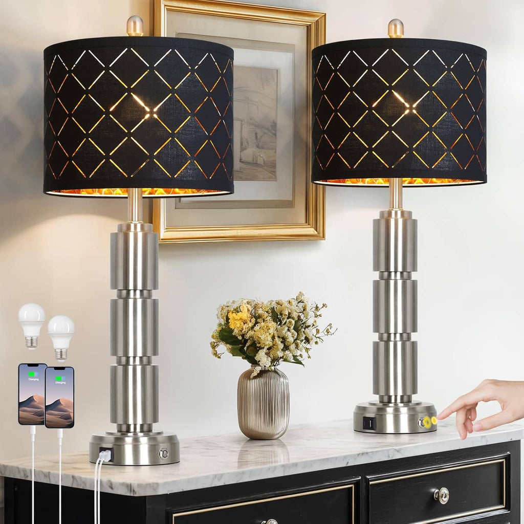 Set of 2 table lamps with black diamond-pattern shades and brushed metal column bases