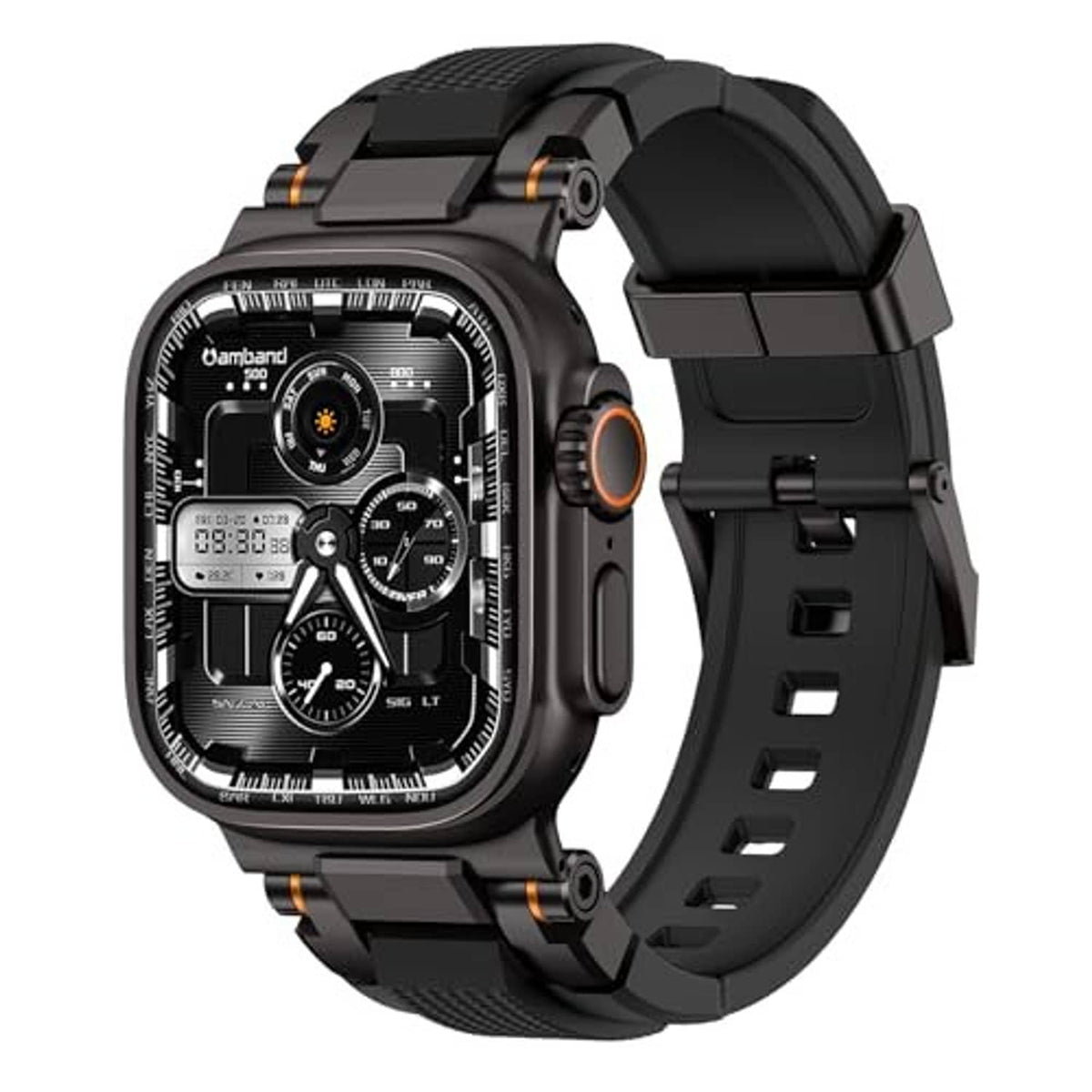 Matte black rugged watch band with orange side accents, smartwatch front view
