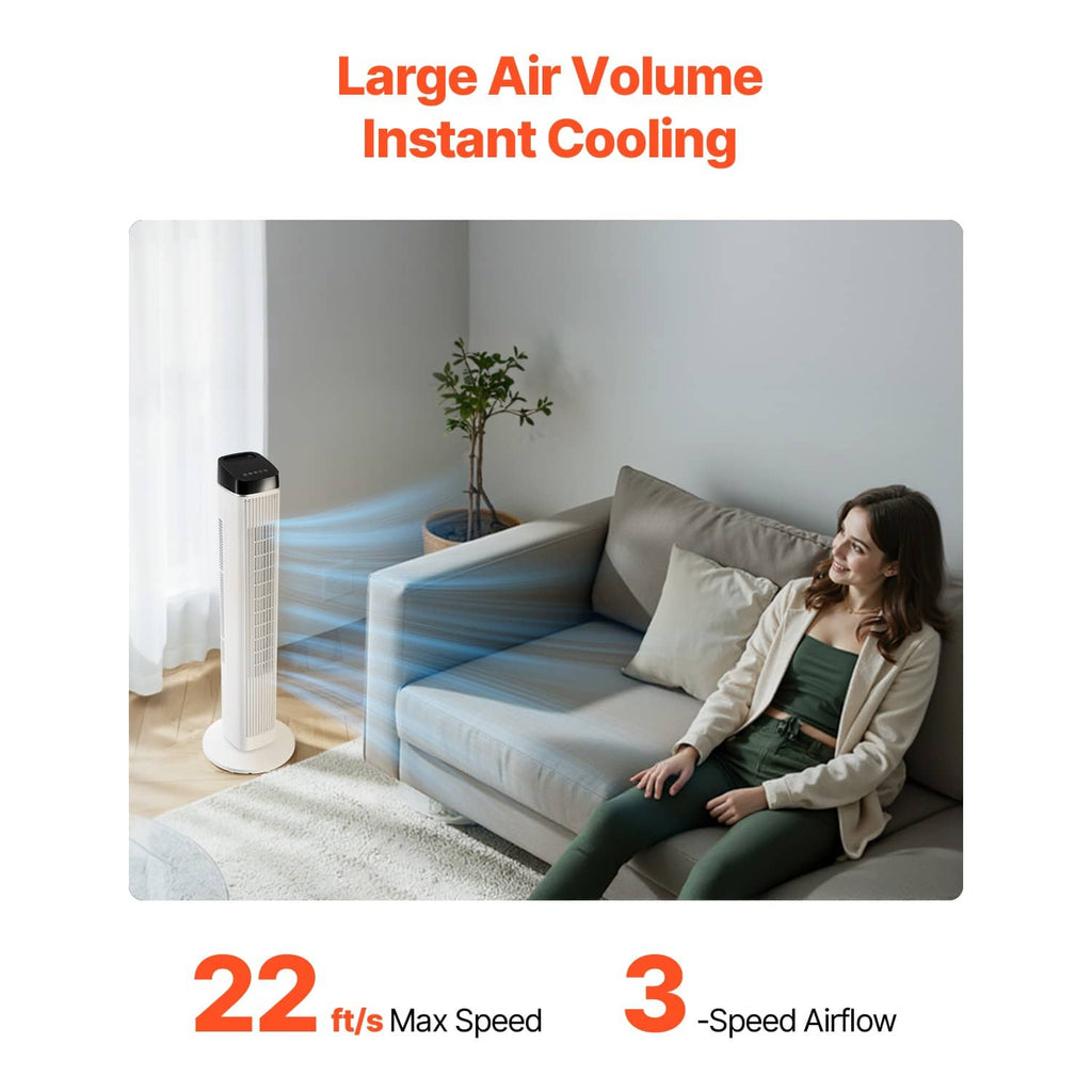 White tower fan with slim vertical grille for instant room cooling