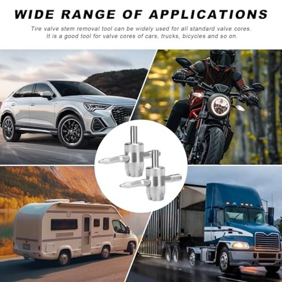 Tire valve core remover with 4-in-1 silver metal tool head for general use