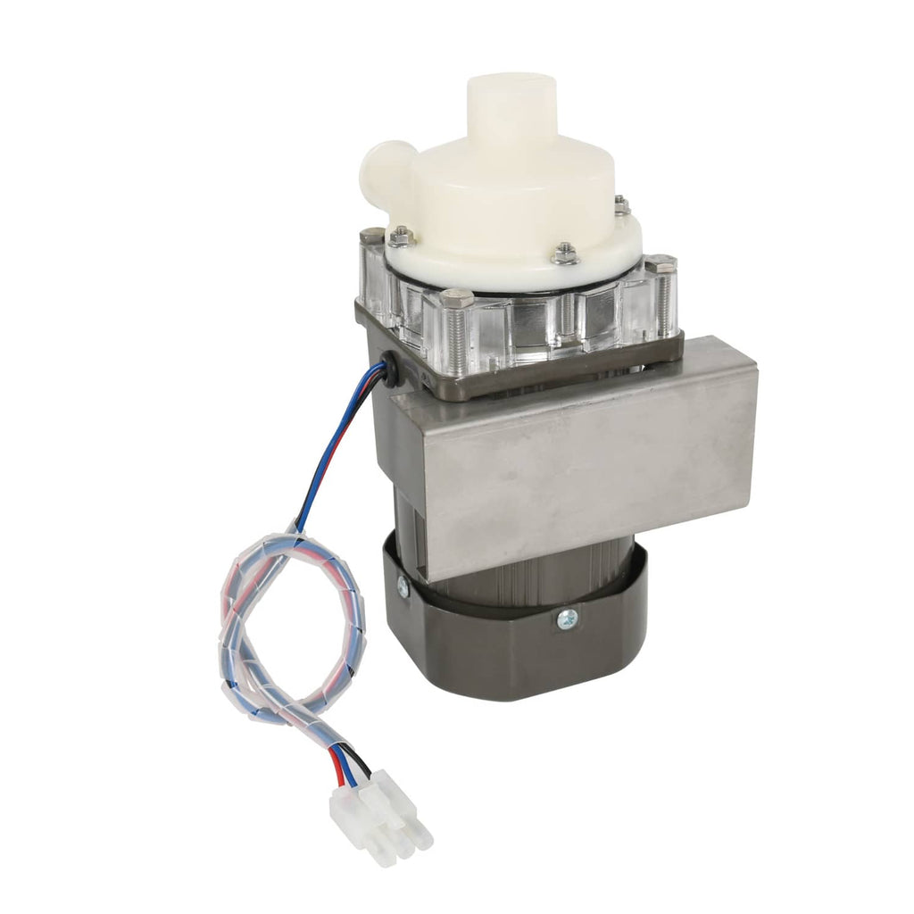 Ice machine water pump motor assembly with gray mounting block and white inlet