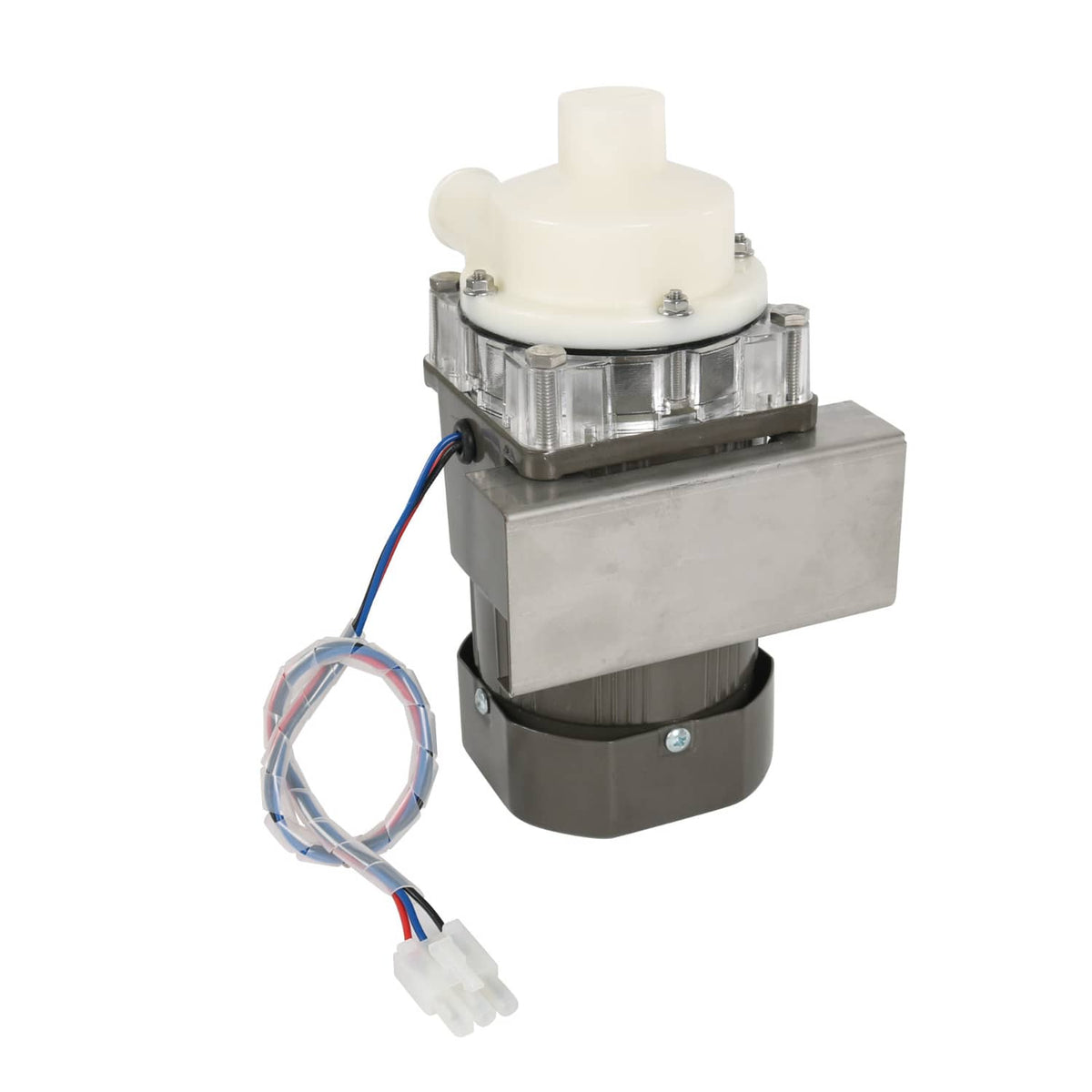 Ice machine water pump motor assembly with gray mounting block and white inlet