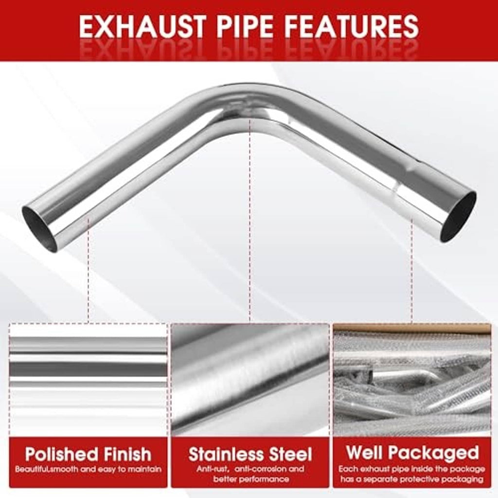 Polished stainless steel 90-degree exhaust bend tubing with smooth finish and protective packaging
