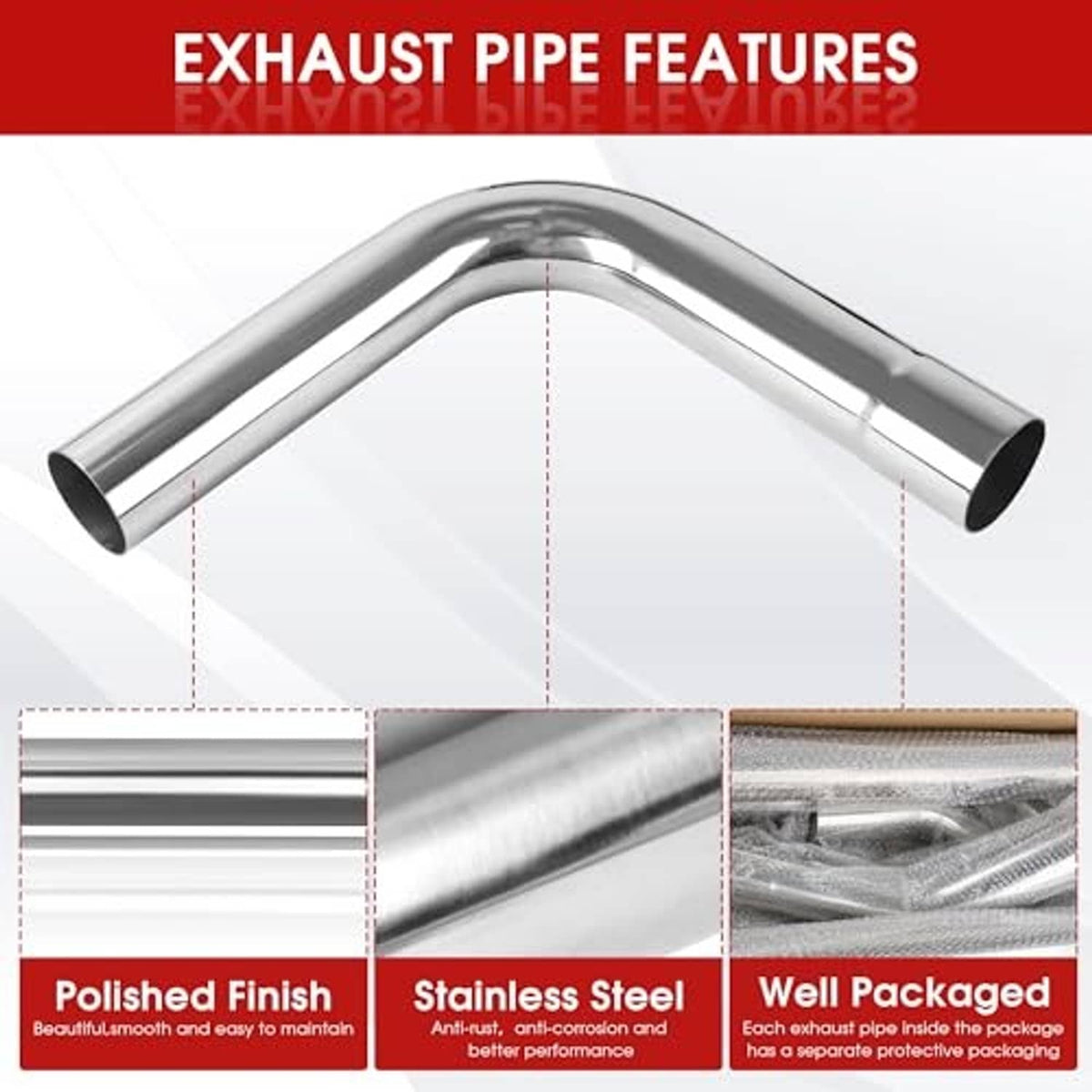 Polished stainless steel 90-degree exhaust bend tubing with smooth finish and protective packaging