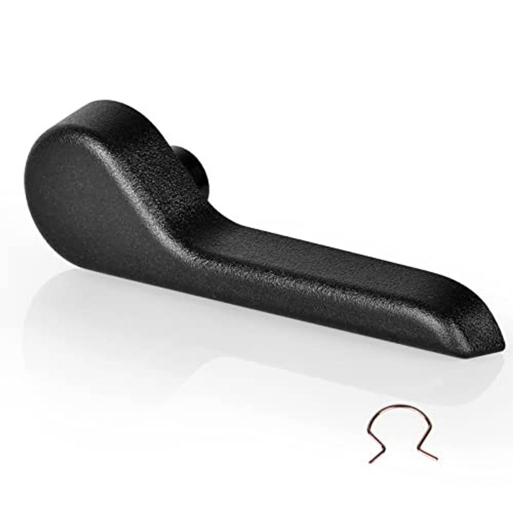 Black seat recliner handle lever with rounded button and textured surface.