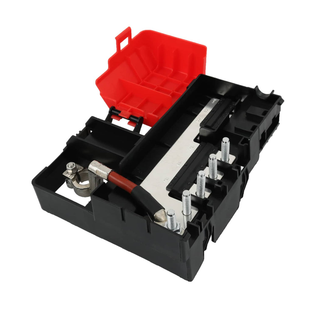 Battery distribution fuse block with red housing cap and black terminal module
