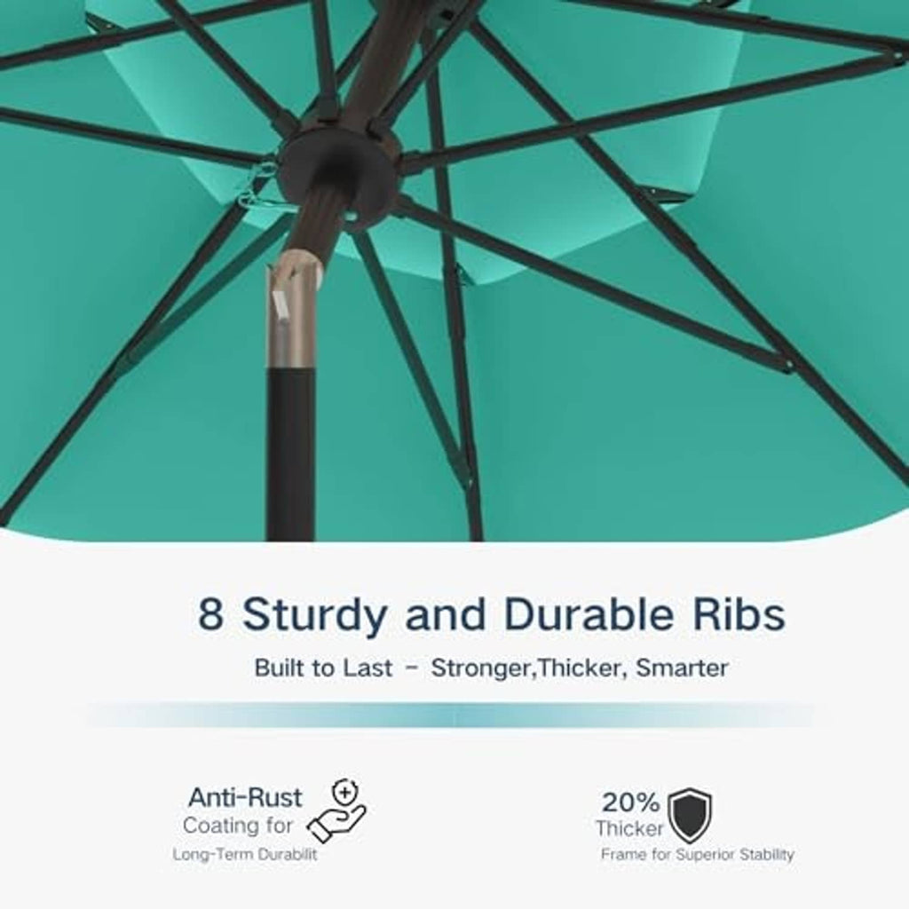 Turquoise umbrella close-up showing canopy ribs and central pole hub