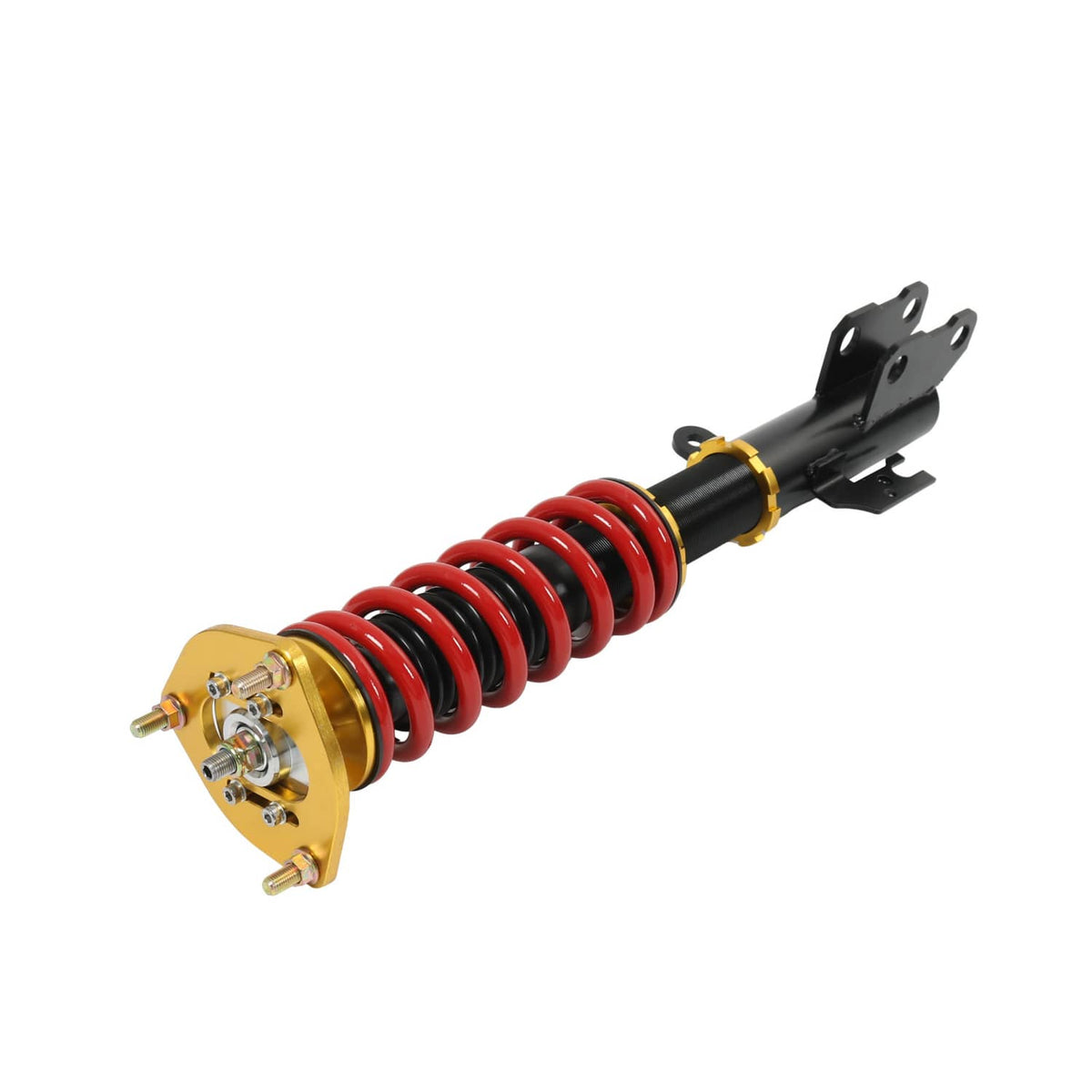 Front view coilover suspension strut with red coil spring, black mount arms, gold top