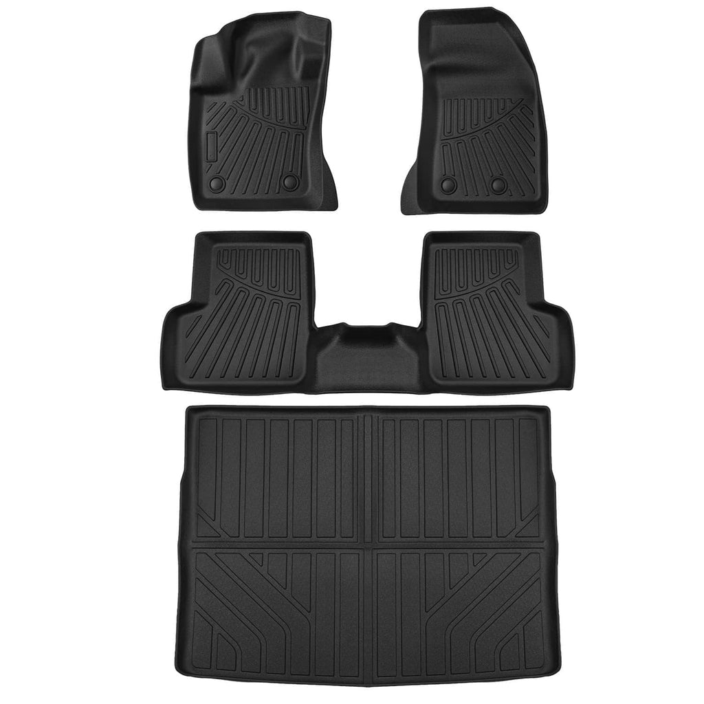 Five-piece black floor mat set and trunk cargo liner with molded grip patterns