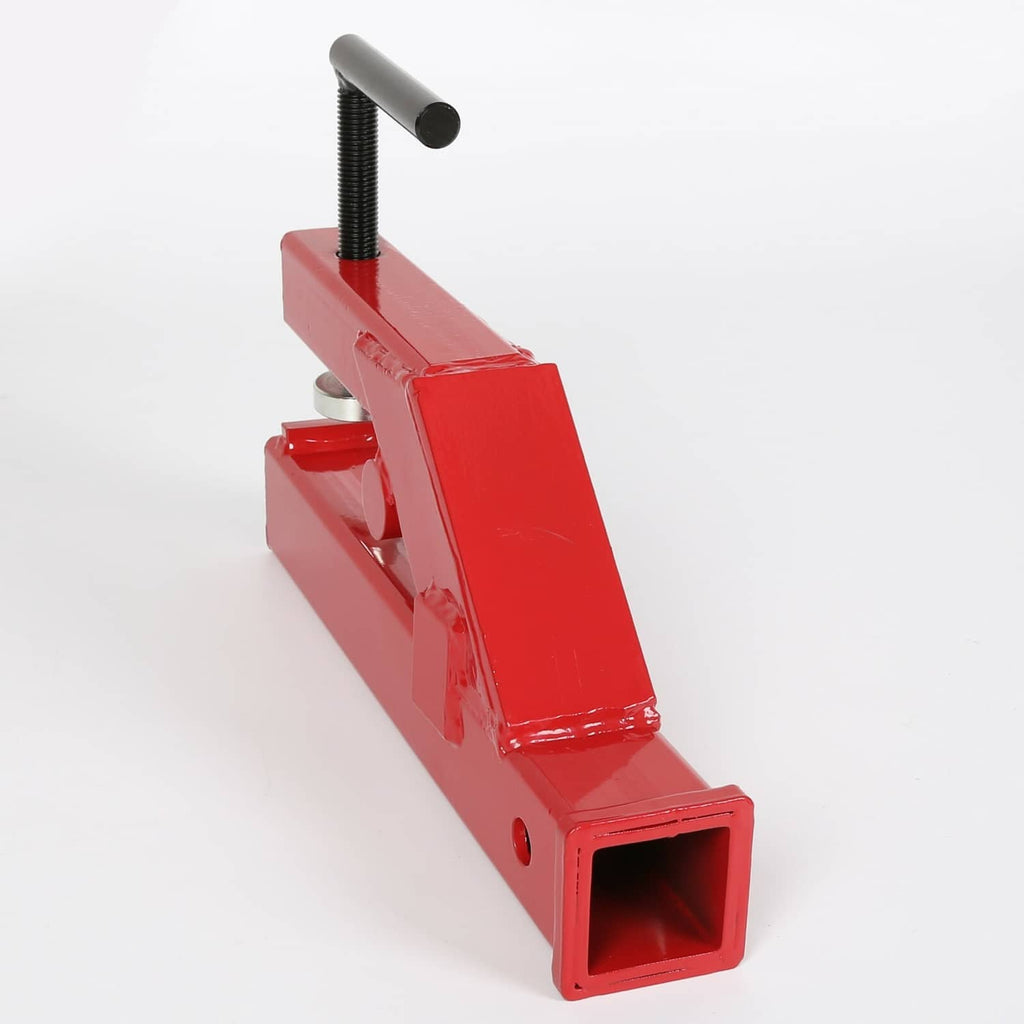 Red 2-inch ball mount receiver clamp with square receiver opening and threaded height post