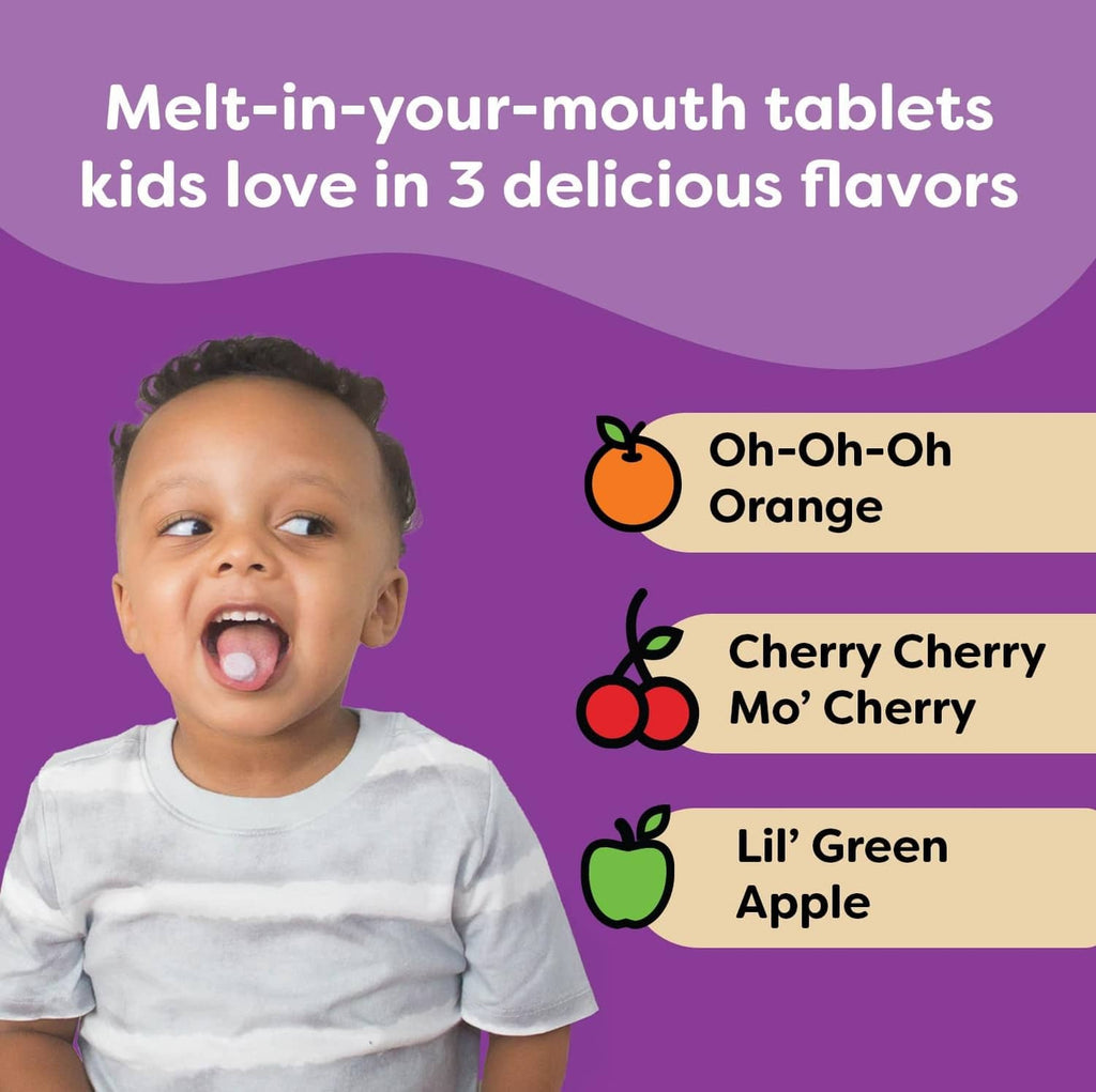 Kids multivitamin flavor options graphic: orange, cherry, and green apple