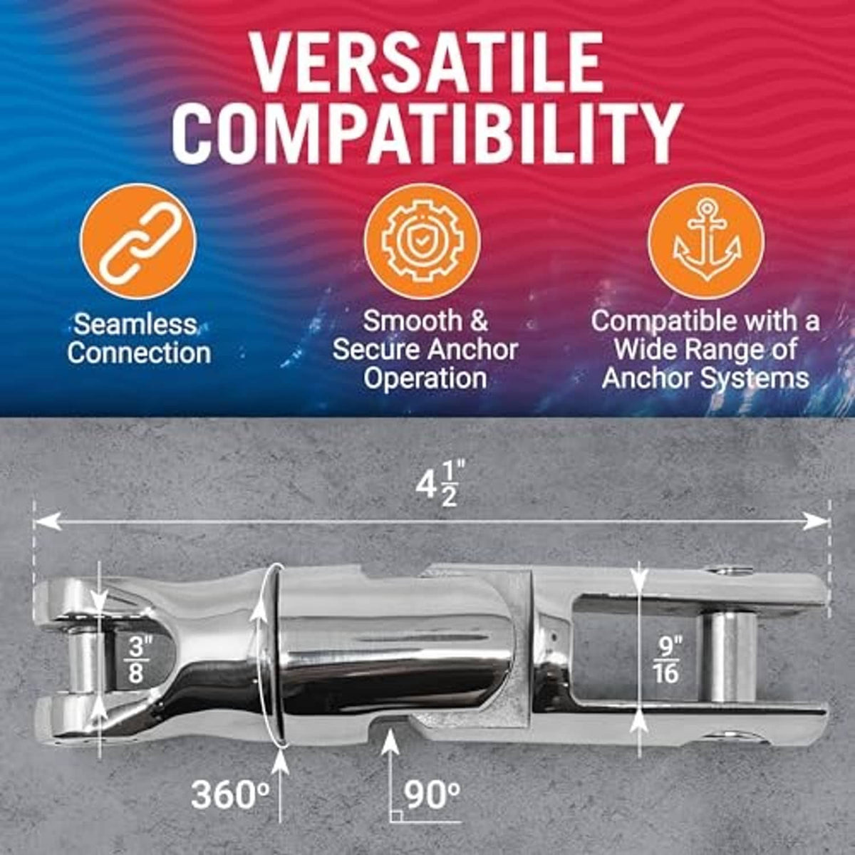 Anchor swivel versatile compatibility diagram with 90° and 360° rotation indicators