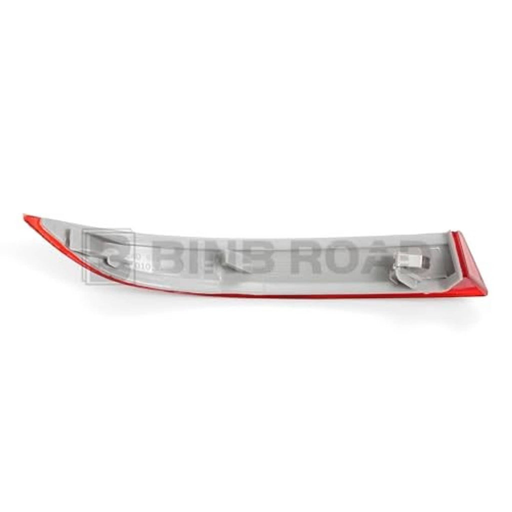 Red rear bumper reflector bar with side end corner and mounting housing underside.