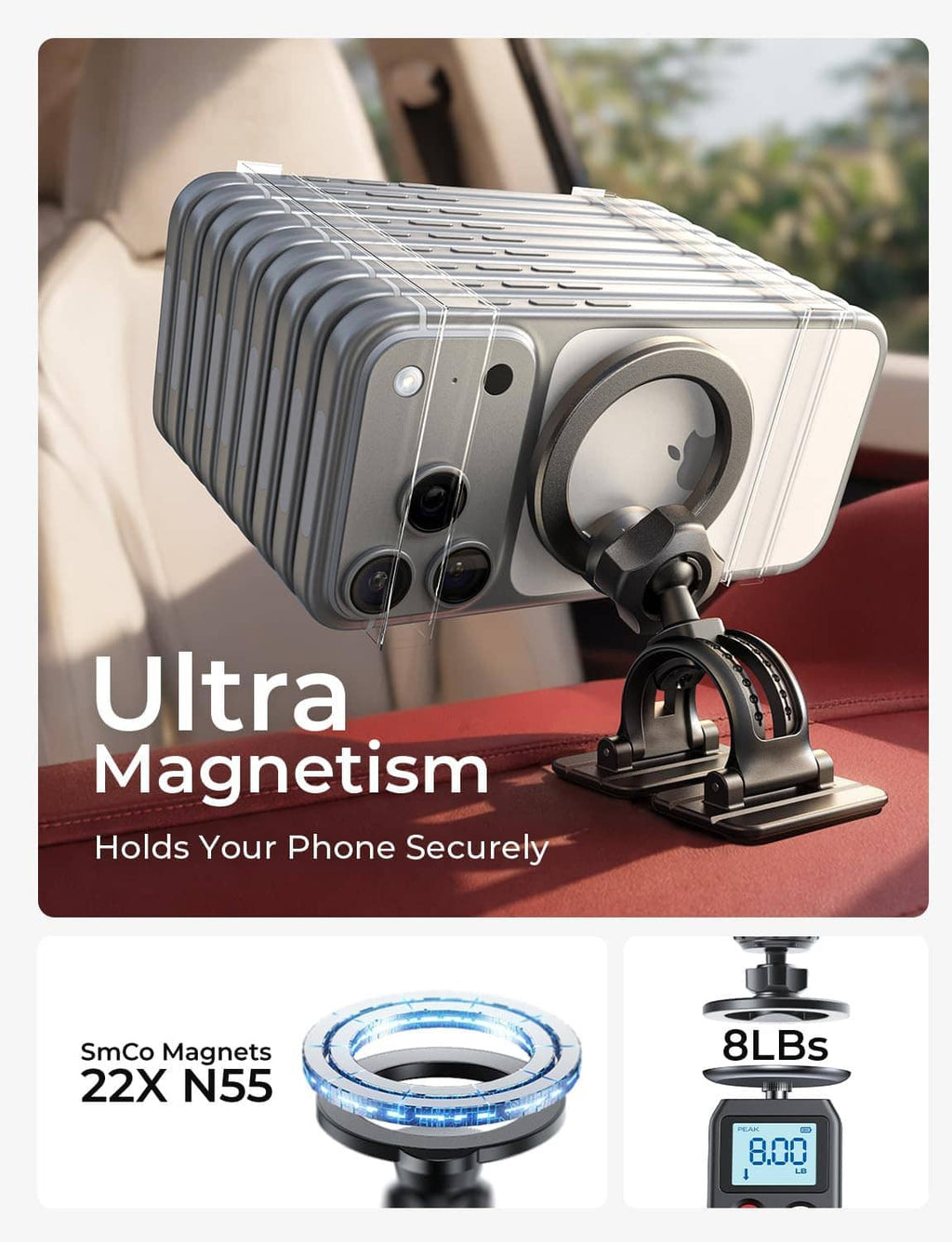 Magnetic car phone mount with suction-style base holding a phone on dashboard