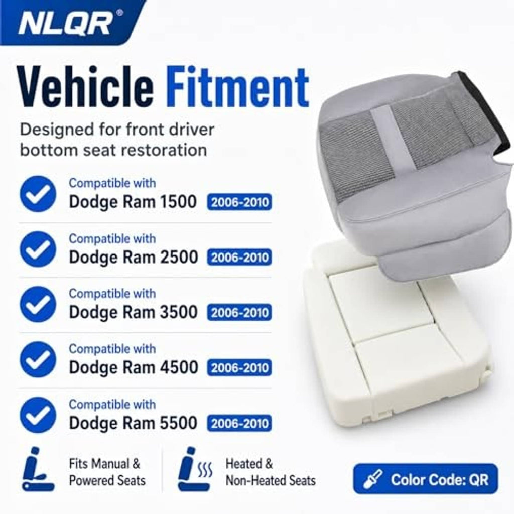 Gray cloth driver-side seat bottom cover with foam cushion, textured center panel
