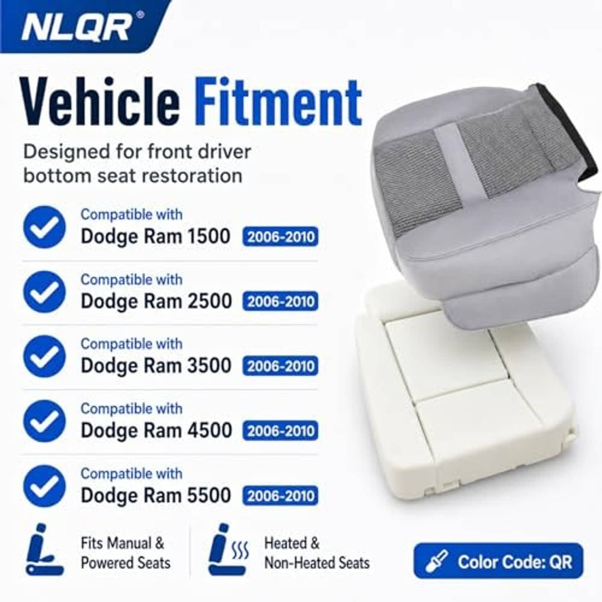 Gray cloth driver-side seat bottom cover with foam cushion, textured center panel