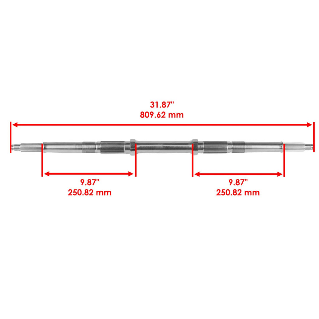 Rear axle shaft with splined end and threaded sections, showing overall length