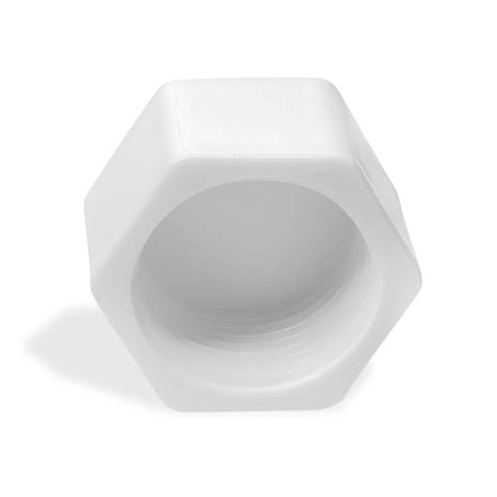 White hex plastic female threaded pipe cap with recessed inner bore
