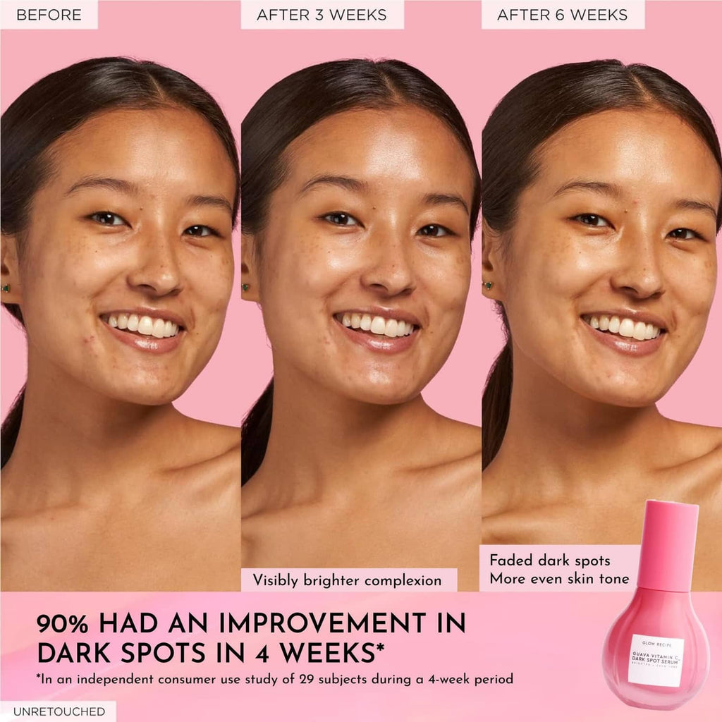 Pink guava vitamin C dark spot serum bottle shown at right in a before-after