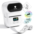 White portable thermal label printer with label feed slot and sample label strip