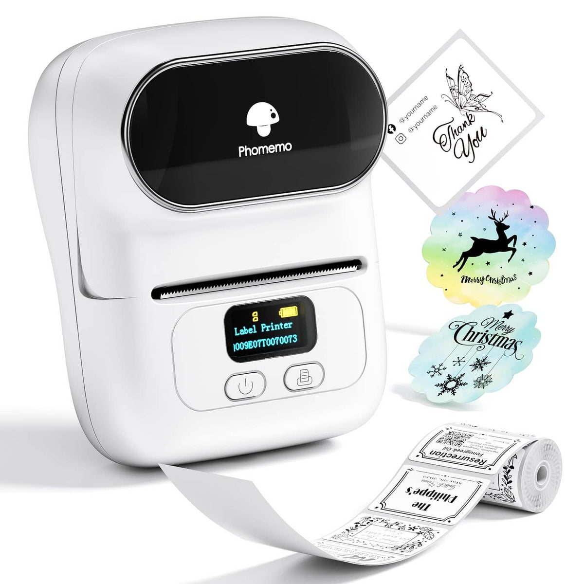White portable thermal label printer with label feed slot and sample label strip
