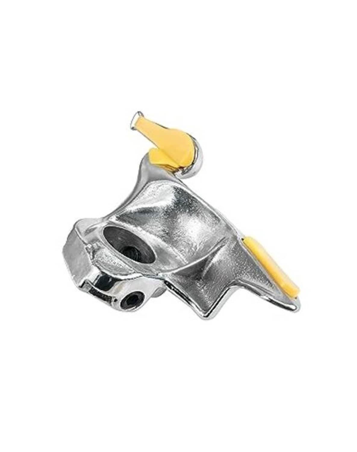 Metal tire changer duckhead tool with yellow pad and pry tip, angled view