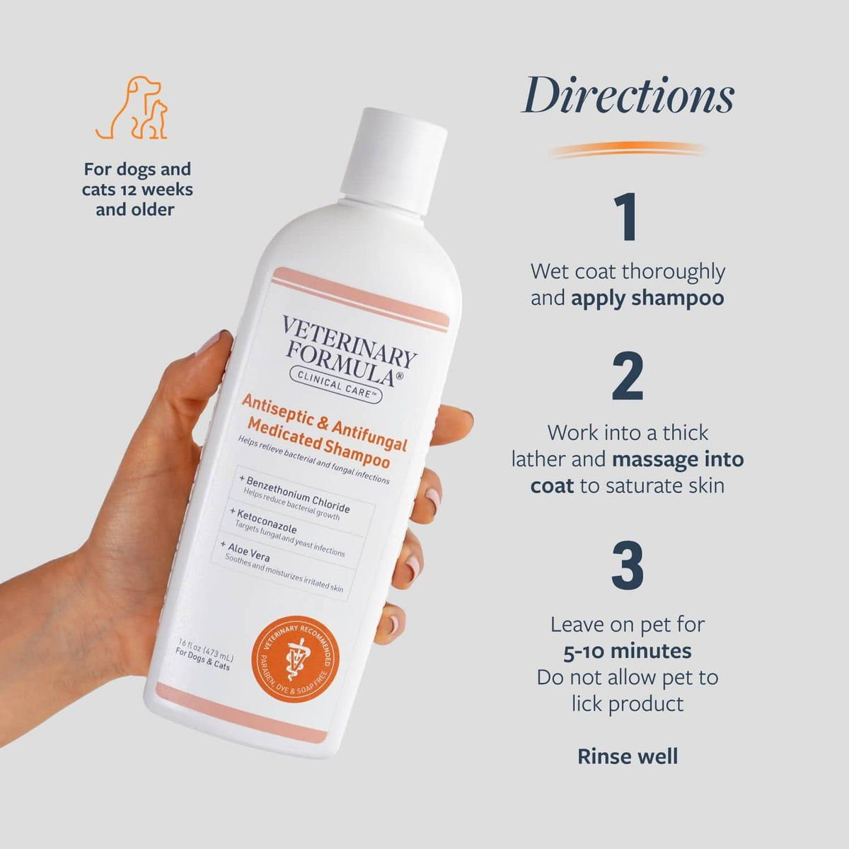 Veterinary Formula antiseptic & antifungal medicated shampoo bottle with directions