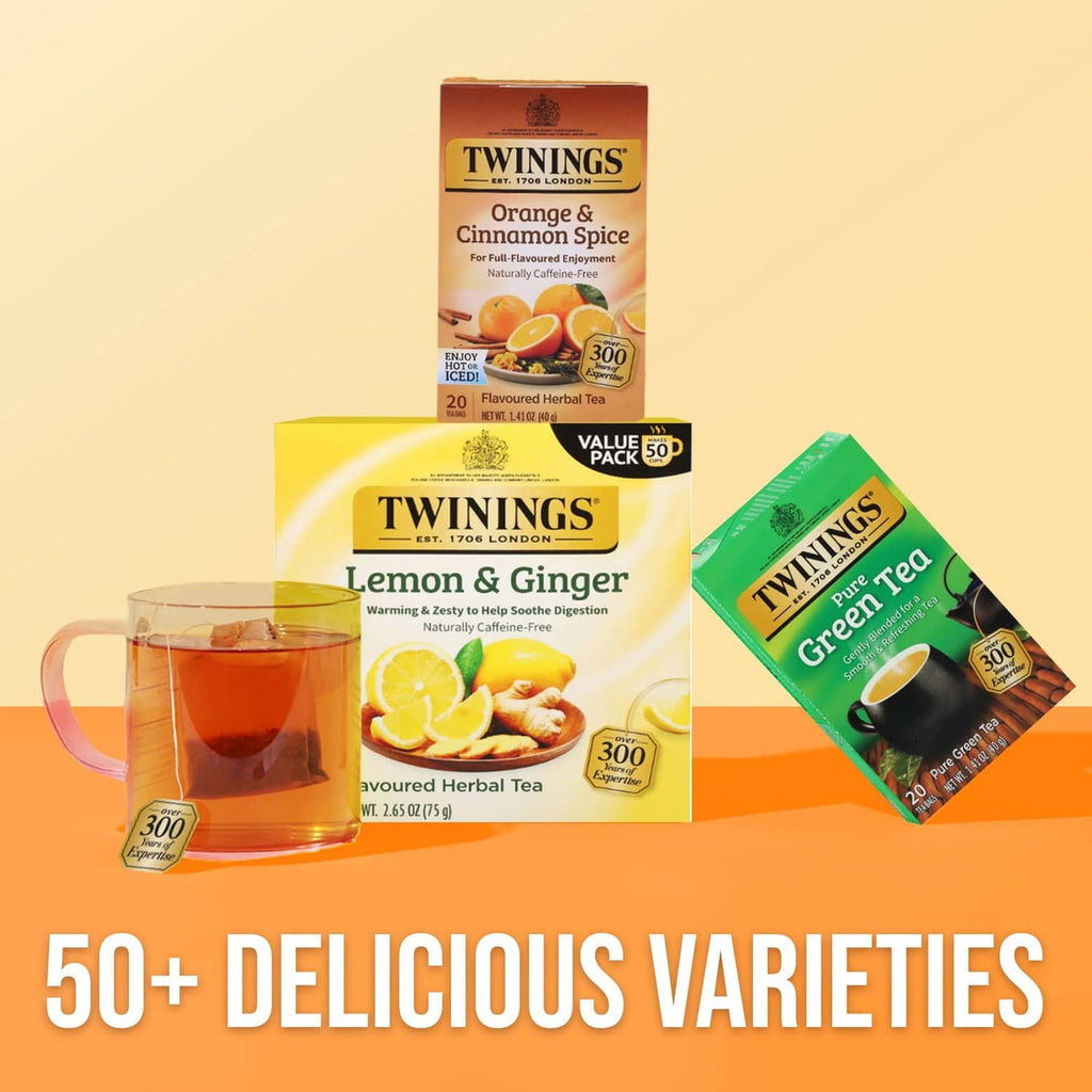 Assorted Twinings herbal tea value pack featuring Orange & Cinnamon Spice box