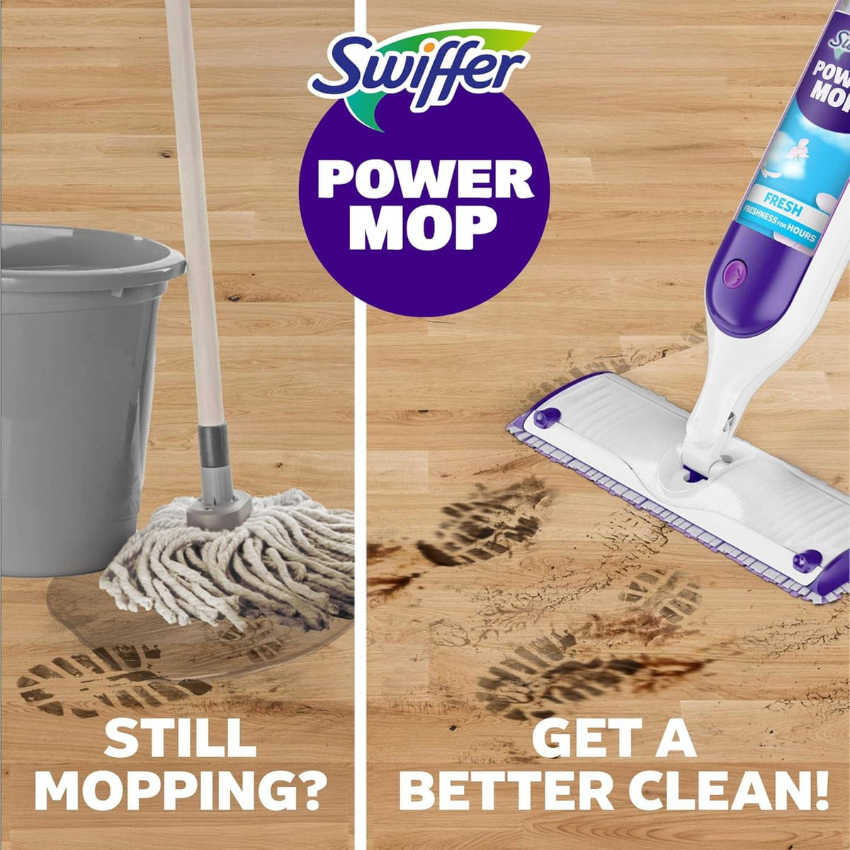Swiffer Power Mop with replacement pad on wood floor, showing mop handle and base