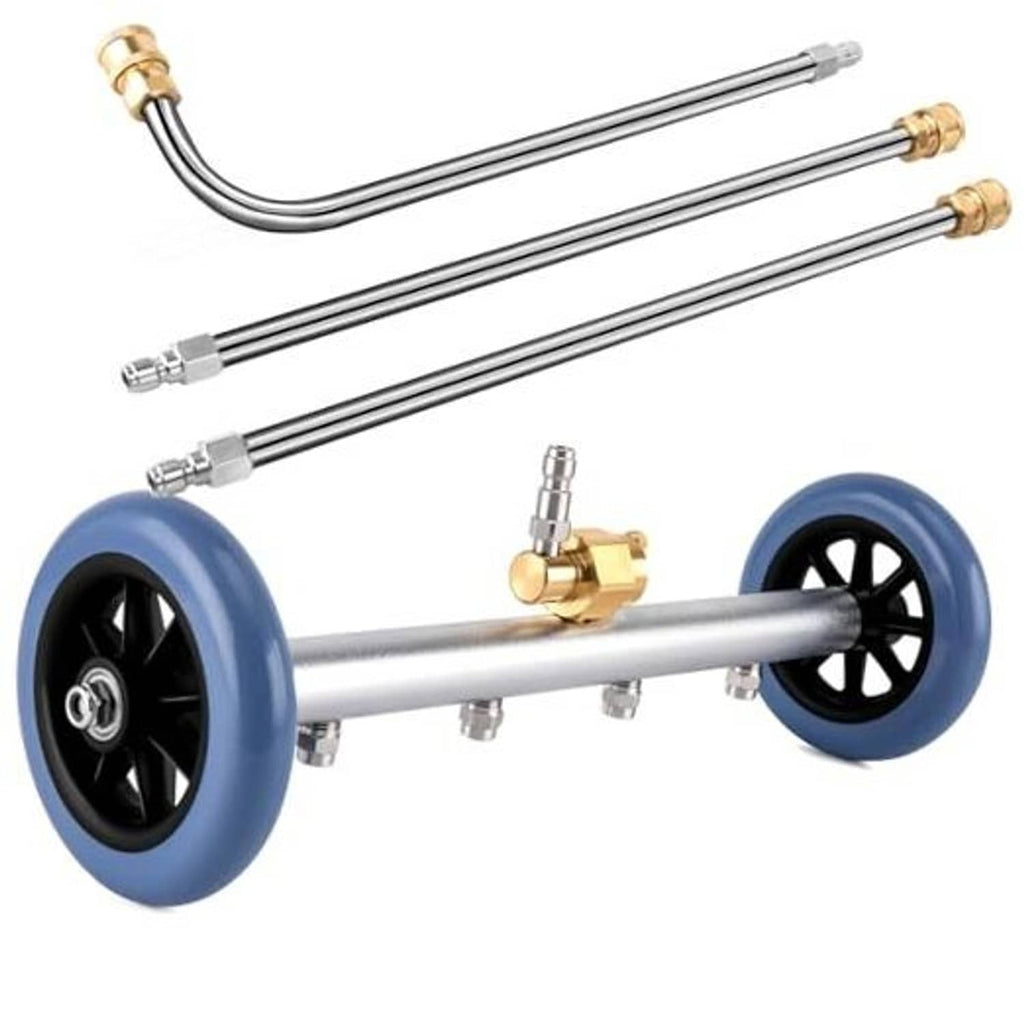 Undercarriage pressure washer attachment with blue wheels and stainless wand, 2-in-1