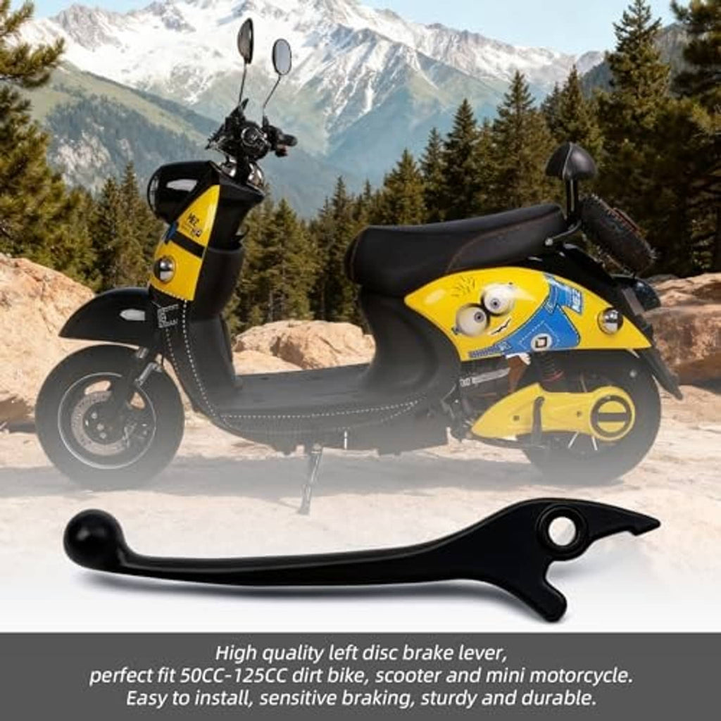 Black left disc brake lever with curved non-slip grip beside a mini scooter