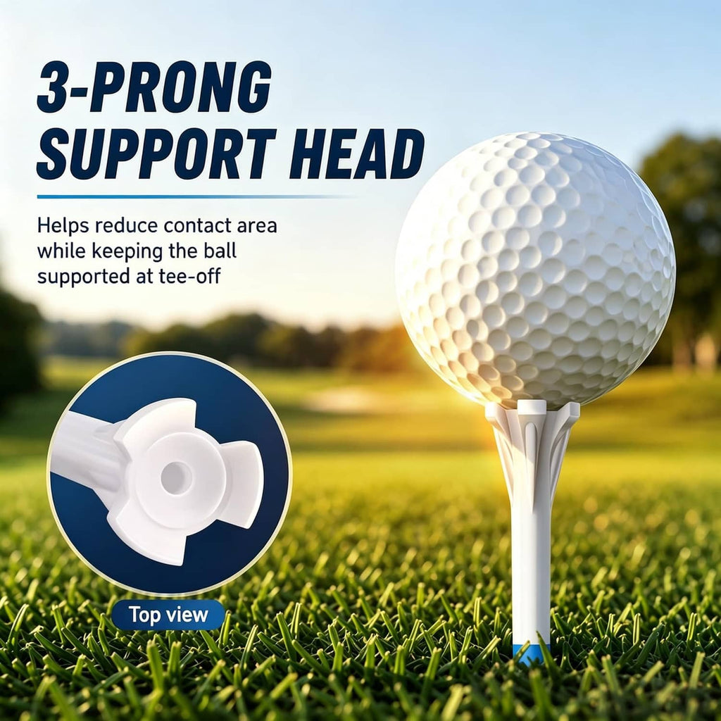 3-prong support head plastic golf tee, white head with blue-striped shaft