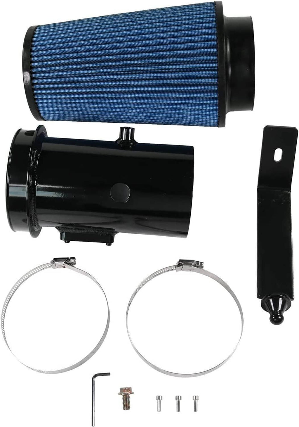 Cold air intake system: blue pleated filter, black intake pipe, clamps, and bracket