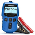 TOPDON 12V car battery tester with red and black insulated clamp leads