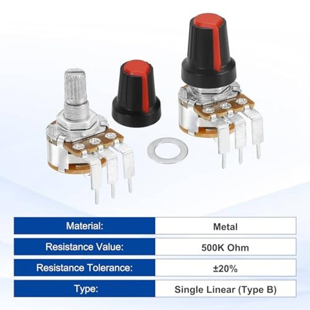 Three rotary potentiometers with black/red knobs, metal shafts, and 3-pin terminals