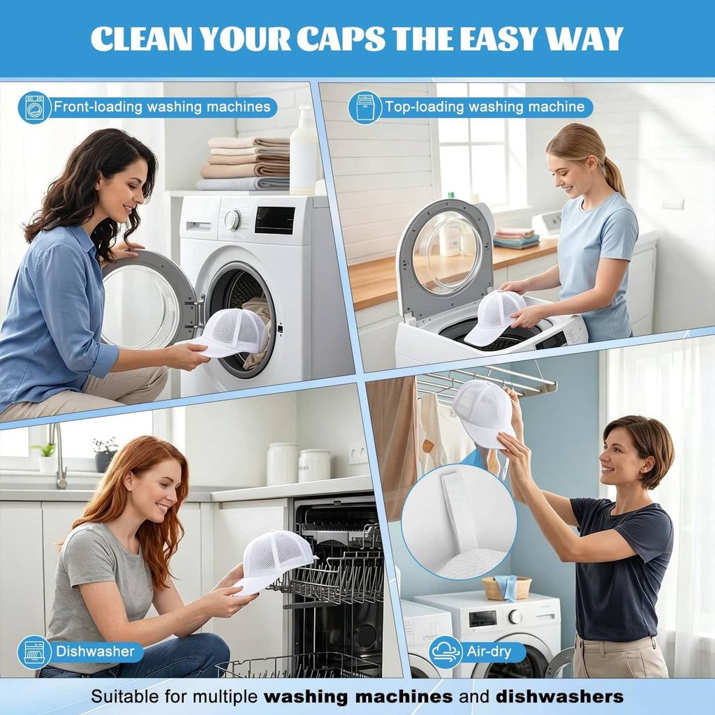 White hat washer cage used in washing machines and dishwasher, with air-dry hanging option